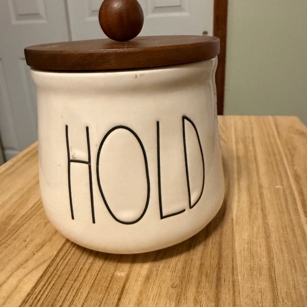 Rae Dunn Ceramic 'HOLD' Canister with Wooden Lid